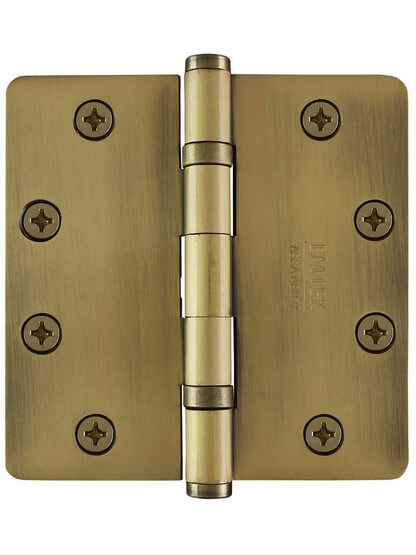 4 1/2 inch Solid Brass Ball-Bearing Door Hinge with Button Tips and 1/4 inch Radius Corners in Antique Brass.